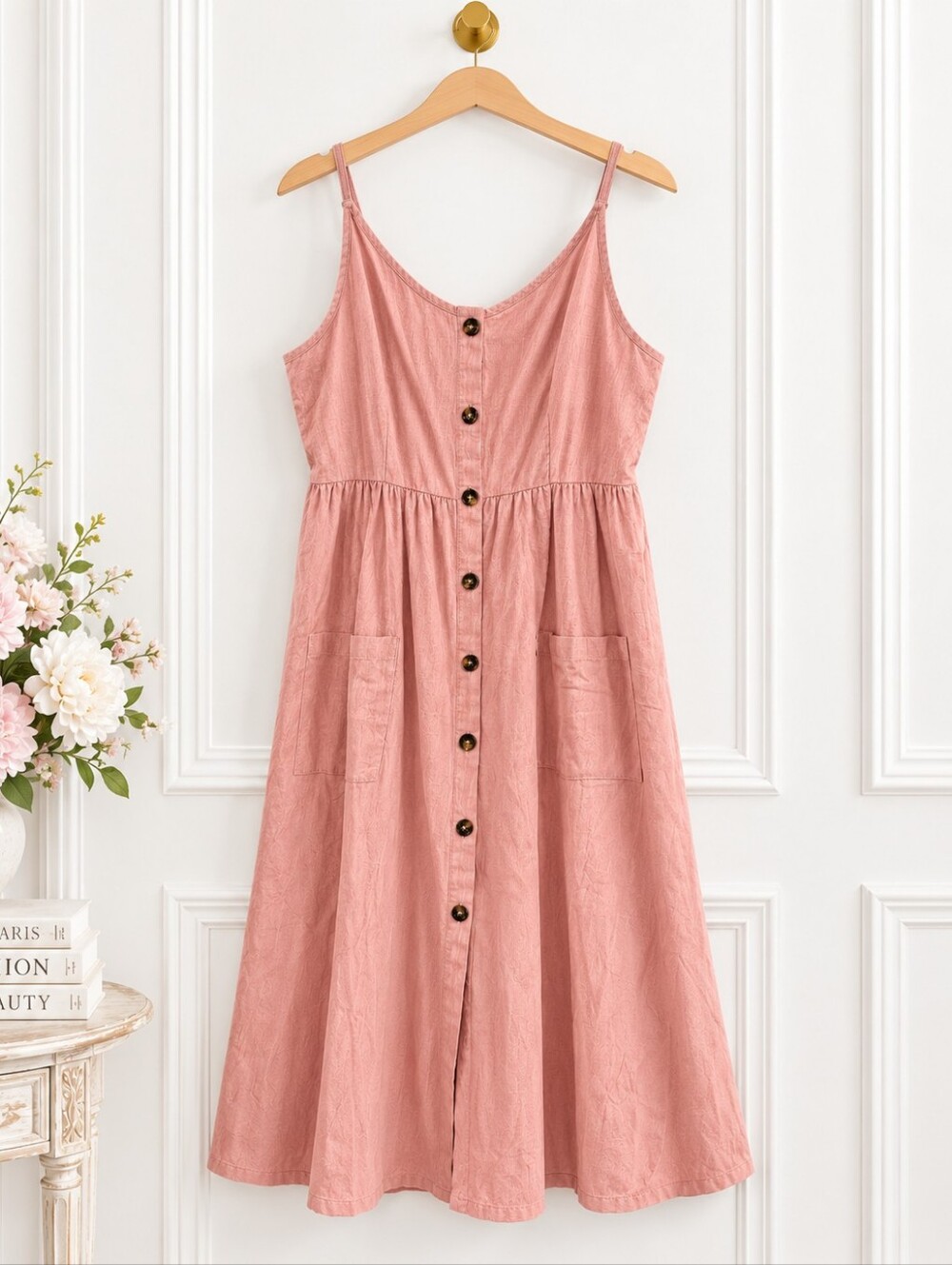 Dusty Rose Button Front Midi Dress With Pockets | Size  Large - Picture 5 of 9